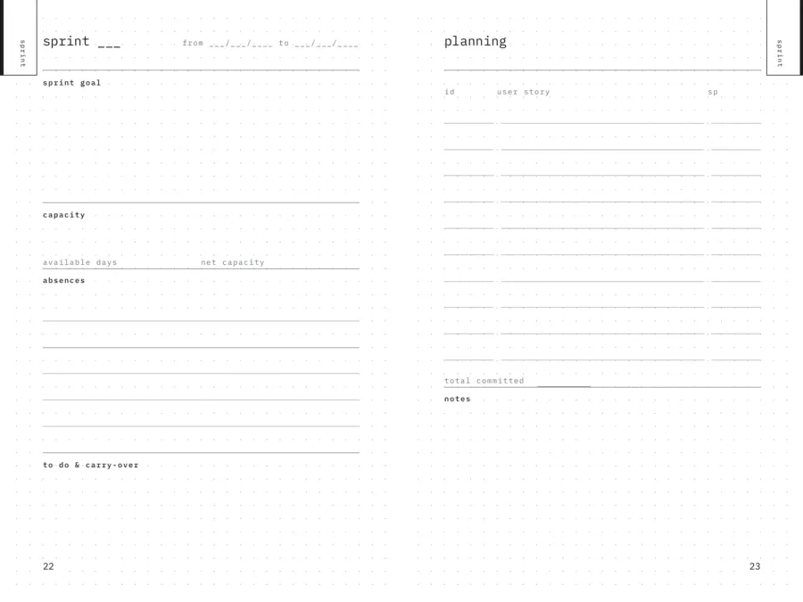 Sprint sheet and planning page side by side on dotted paper.